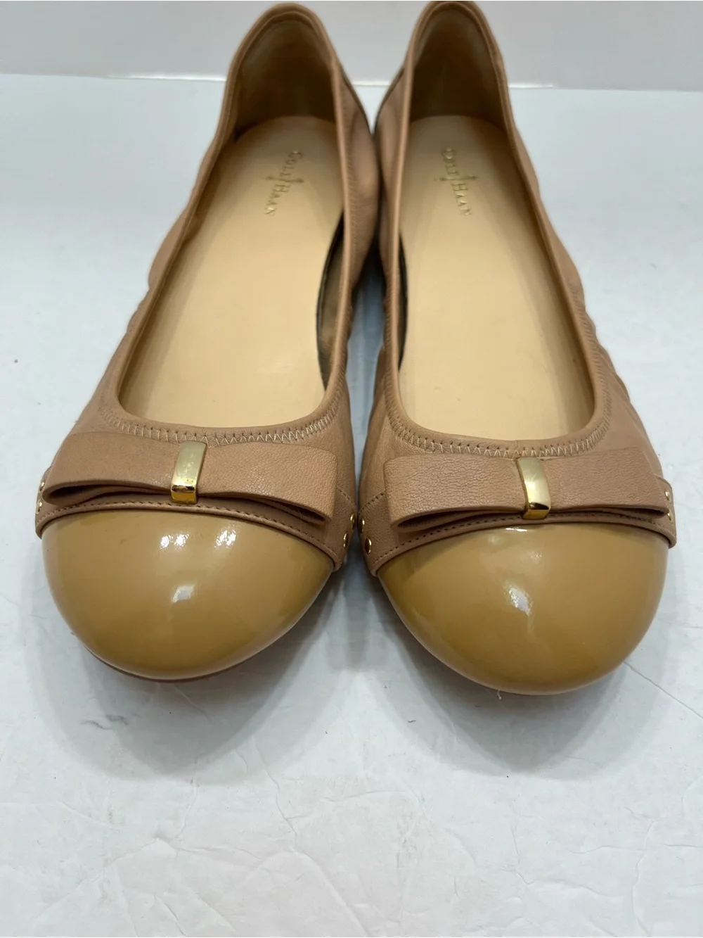 Cole Haan Nike Air Monica Ballet Flats Tan Leather Cap Toe Bow D41662 Women 8.5B